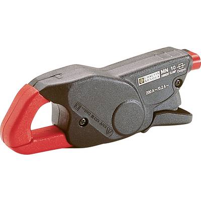 Der Bild zeigt eine schwarze elektrische Stromzange mit rotem Griff, zur Messung von elektrischen Strömen ohne direkten Kontakt.
