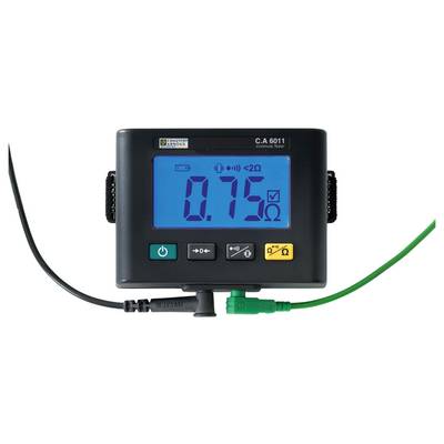 Digitales Messgerät zeigt einen Wert von 0,75 Ohm auf blauem Display. Geräteanschlüsse unten verbunden; schwarz und grün.