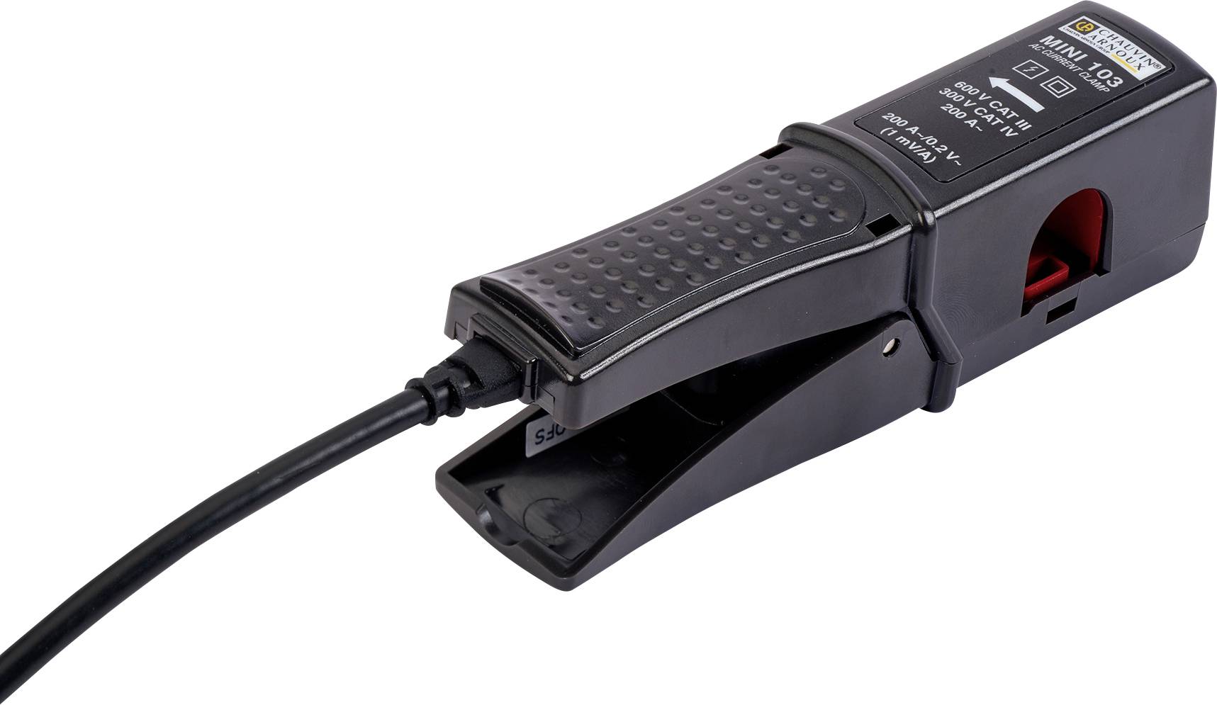 Eine schwarze Prüfspitze mit Krokodilklemme und Kabel, Modellname 'MINI 2.0', ausgelegt für Spannung bis 1000V und Strom bis 32A.