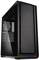 Schwarzes Computergehäuse mit transparentem Seitenfenster und RGB-Beleuchtung an der Unterseite. Geeignet für Gaming-PCs.