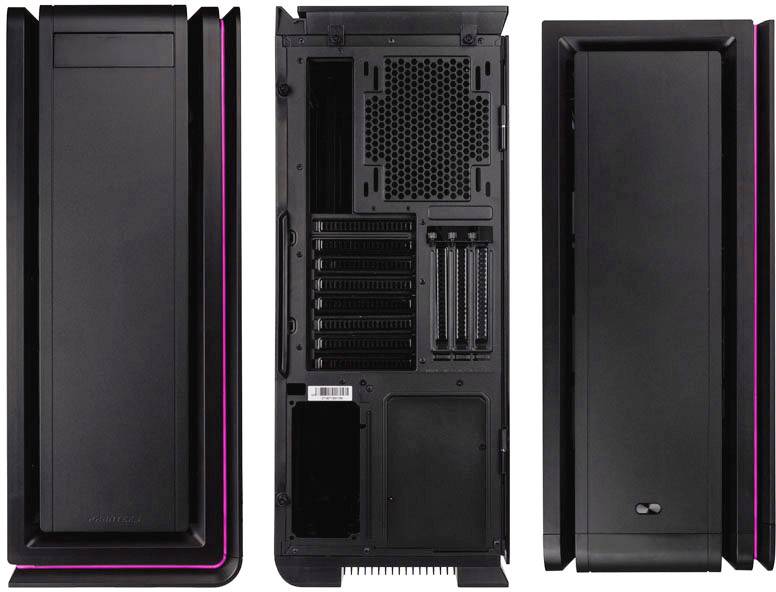 'Sicht von vorne, hinten und seitlich auf ein schwarzes Computergehäuse mit pinken Akzenten. Zeigt Anschlüsse und Seitentüren.'