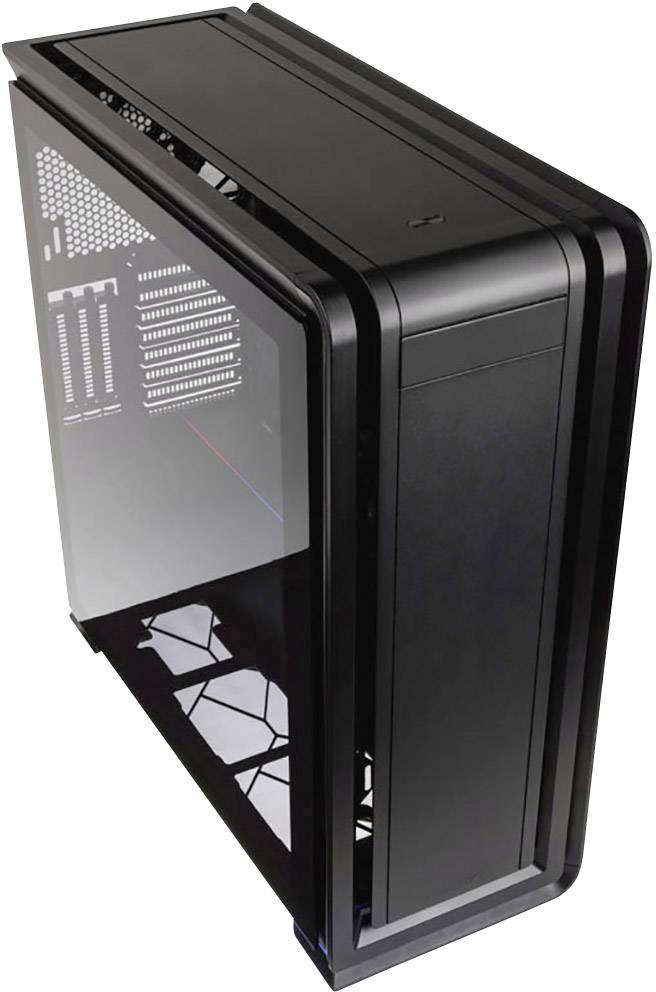 Schwarzes PC-Gehäuse mit transparenten Seitenteilen, zeigt interne Halterungen für Komponenten und umfasst Belüftungsöffnungen.