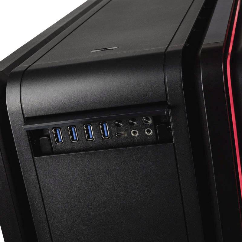 Schwarzes technisches Gerät mit mehreren USB-Anschlüssen, Audioeingängen und einem beleuchteten Rand auf der rechten Seite.