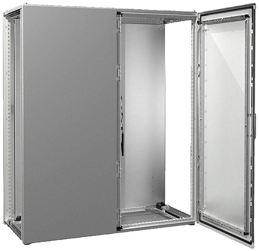 Ein offener, leerer Metallschrank mit durchsichtiger Glastür. Geeignet zur Installation von technischen Geräten oder Elektronik.