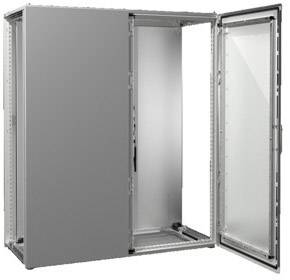 Grau lackierter Schaltschrank aus Metall mit geöffneter Tür, zeigt Innenraum für elektrische Komponenten.