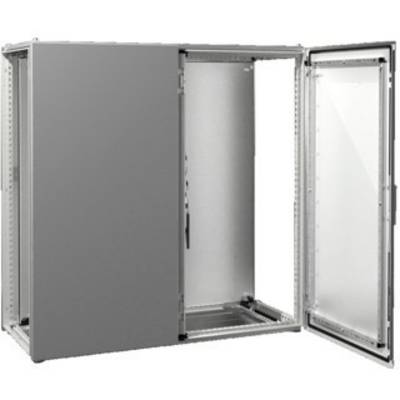 Ein geöffneter Metallschrank mit einer Tür, die nach rechts schwenkt. Der Innenraum ist leer, geeignet zur Aufnahme von Geräten oder Kabeln.