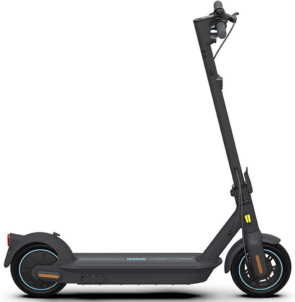 Elektroroller in Seitenansicht, schwarz mit blauen Akzenten, großem Vorderrad und kleinem Rücklicht. Geeignet für urbane Mobilität.
