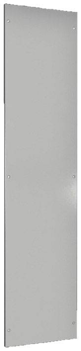 Rechteckiges, graues Metallpaneel mit Schrauben an den Ecken, wahrscheinlich zur Montage oder als Abdeckung.