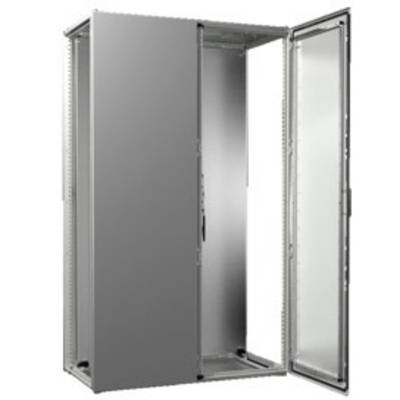 Geöffneter metallischer Schaltschrank mit zwei Türen, zeigt leeren Innenraum und robuste Struktur. Geeignet für industrielle Verwendung.