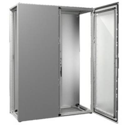 Grau lackierter Industrieschrank mit geöffneter Tür, zeigt leeren Innenraum ohne Regale, geeignet zur Aufbewahrung von technischem Equipment.