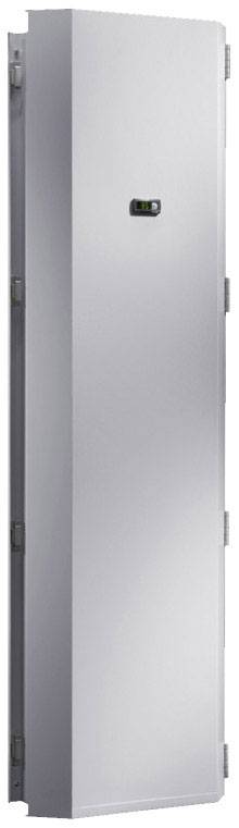 Metallene Schranktür mit Scharnier, geschlossen.