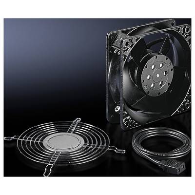 Ein schwarzer Ventilator mit einem Gitter und einem Kabel auf schwarzem Hintergrund. Zubehör für Montage und Betrieb.