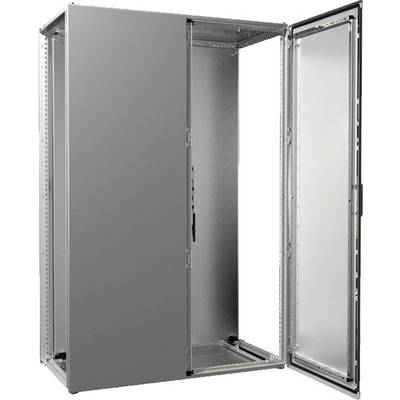 Ein offener, grauer Metallschrank ohne sichtbaren Inhalt, mit einer geöffneten Tür, geeignet für technische Installationen.