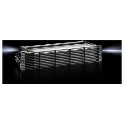 Schwarzes Kühlgerät mit Lamellenstruktur, reflektiert auf glatter Oberfläche. Längliches Design, ideal für elektronische Anwendungen.