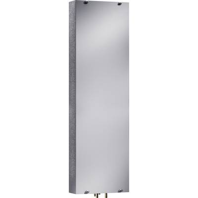 Ein rechteckiger, silberner Metallheizkörper mit glatter Oberfläche und abgerundeten Kanten. Die Vorderseite ist schlicht und minimalistisch.