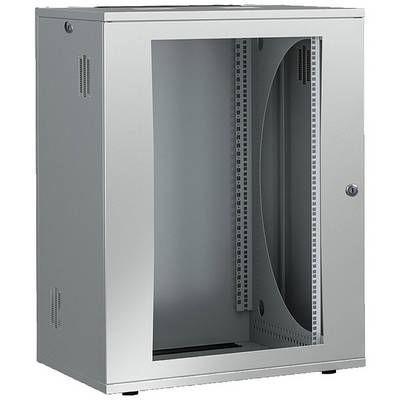 Ein graues, stehendes Server-Rack-Gehäuse mit durchsichtiger Fronttür, geeignet zur Unterbringung von Netzwerkausrüstung in Büroumgebungen.