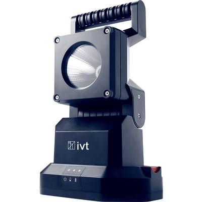 Schwarzer LED-Strahler mit großem Griff und quadratischem Gehäuse. Markenlogo 'ivt' sichtbar auf der Vorderseite.