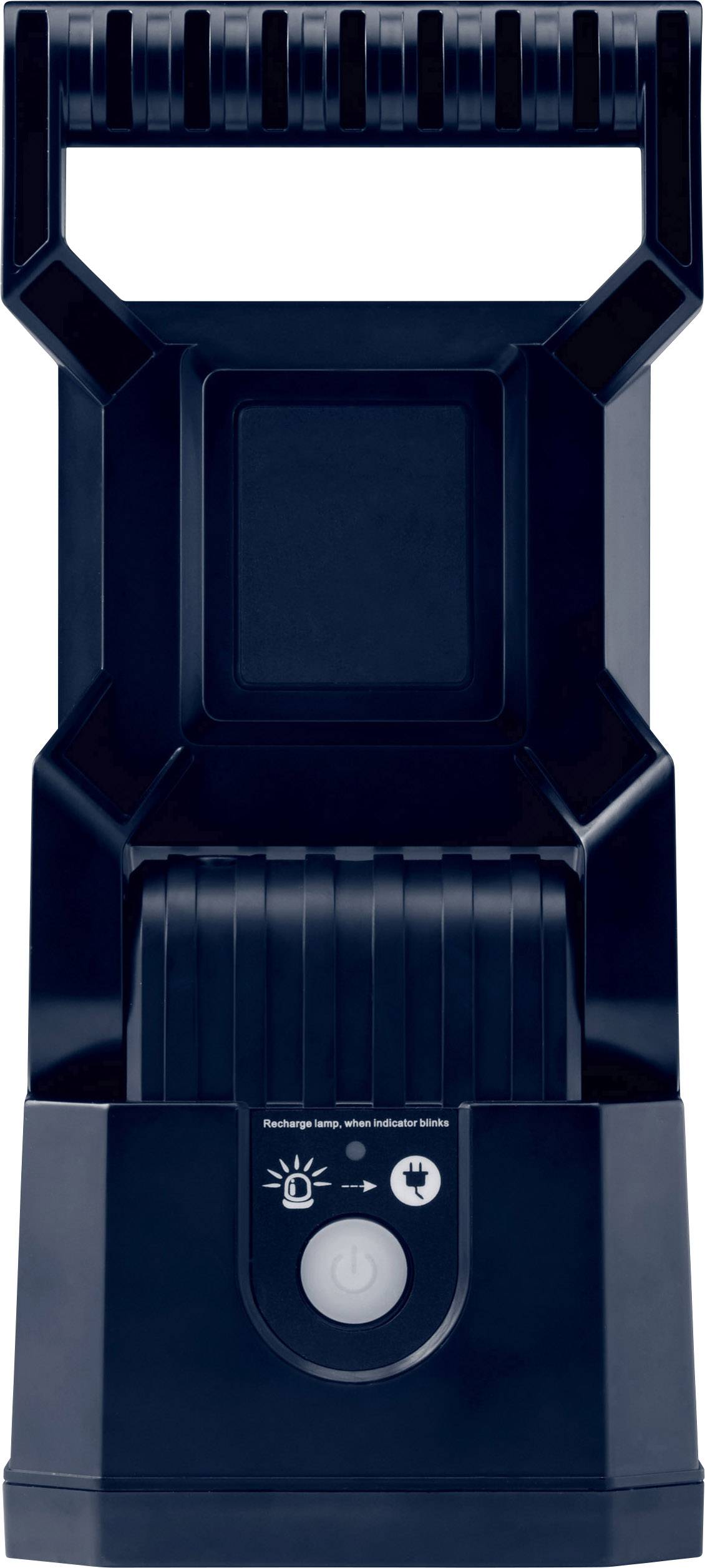 Tragbare, schwarze Taschenlampe mit Griff und großem Frontschalter für einfaches Ein- und Ausschalten.