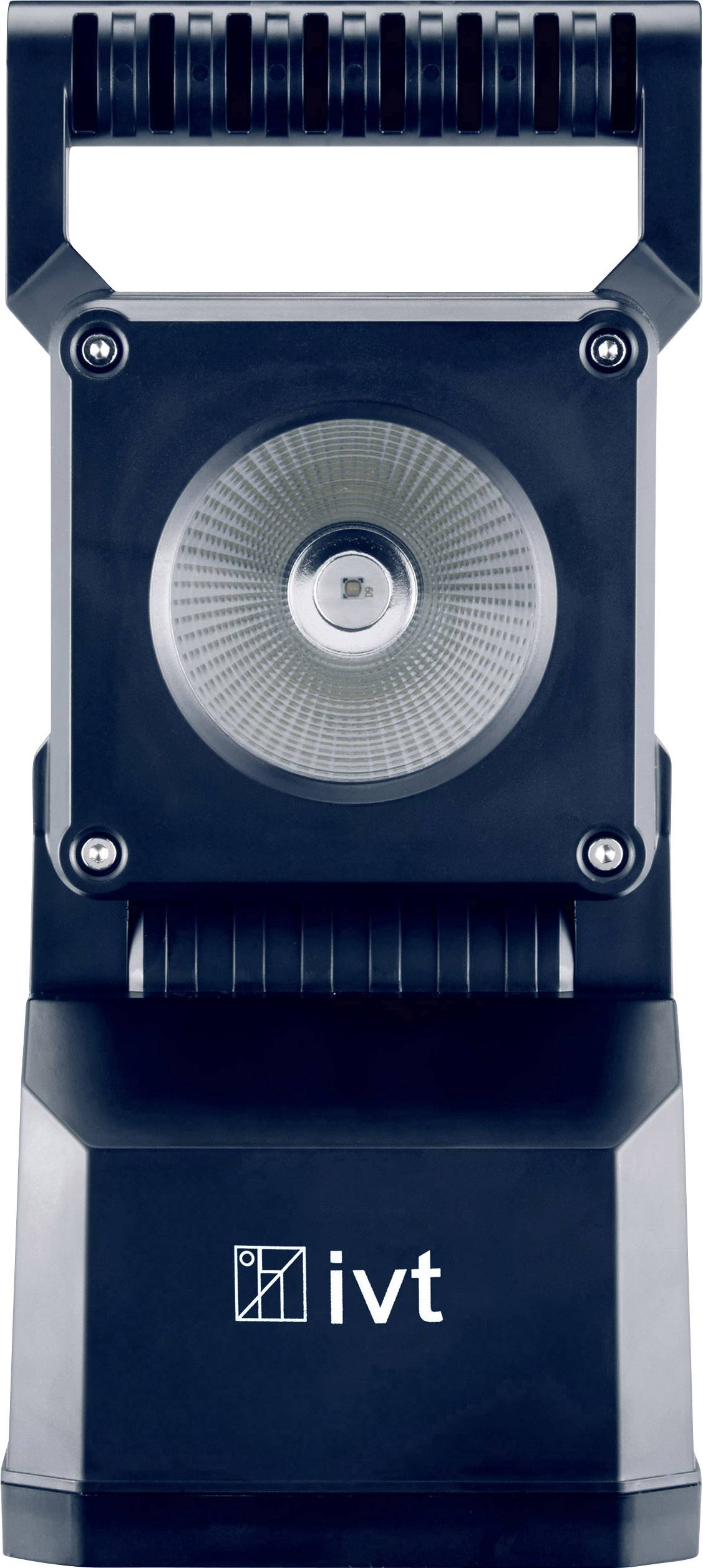 Schwarze tragbare Lampe mit Griff und großem runden Licht vorne, Markenlogo 'ivt' unten sichtbar.