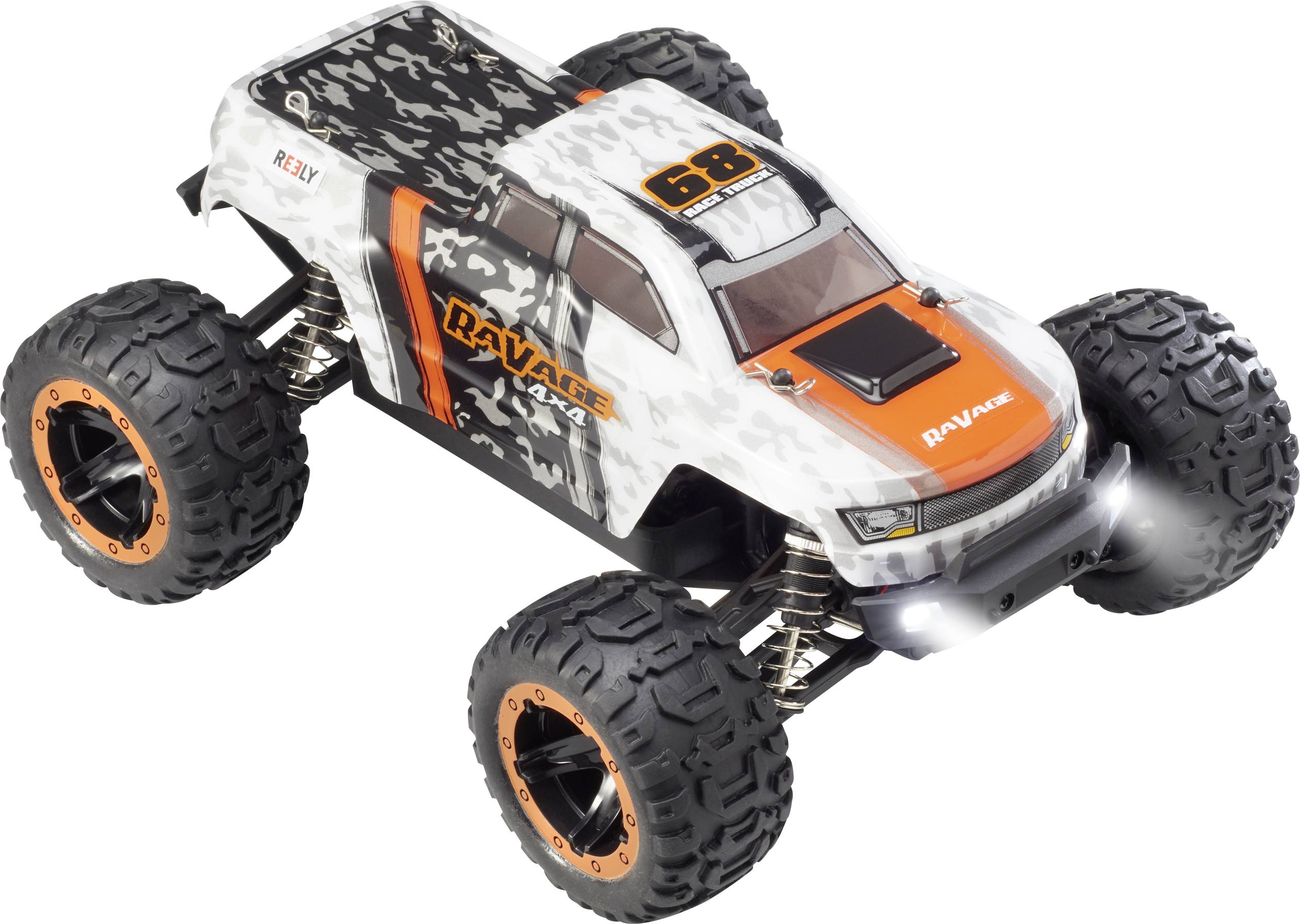Ein ferngesteuertes Auto in Tarnfarbe mit großen, robusten Reifen und orangefarbenen Details, von der Marke 'Ravage XTE'.