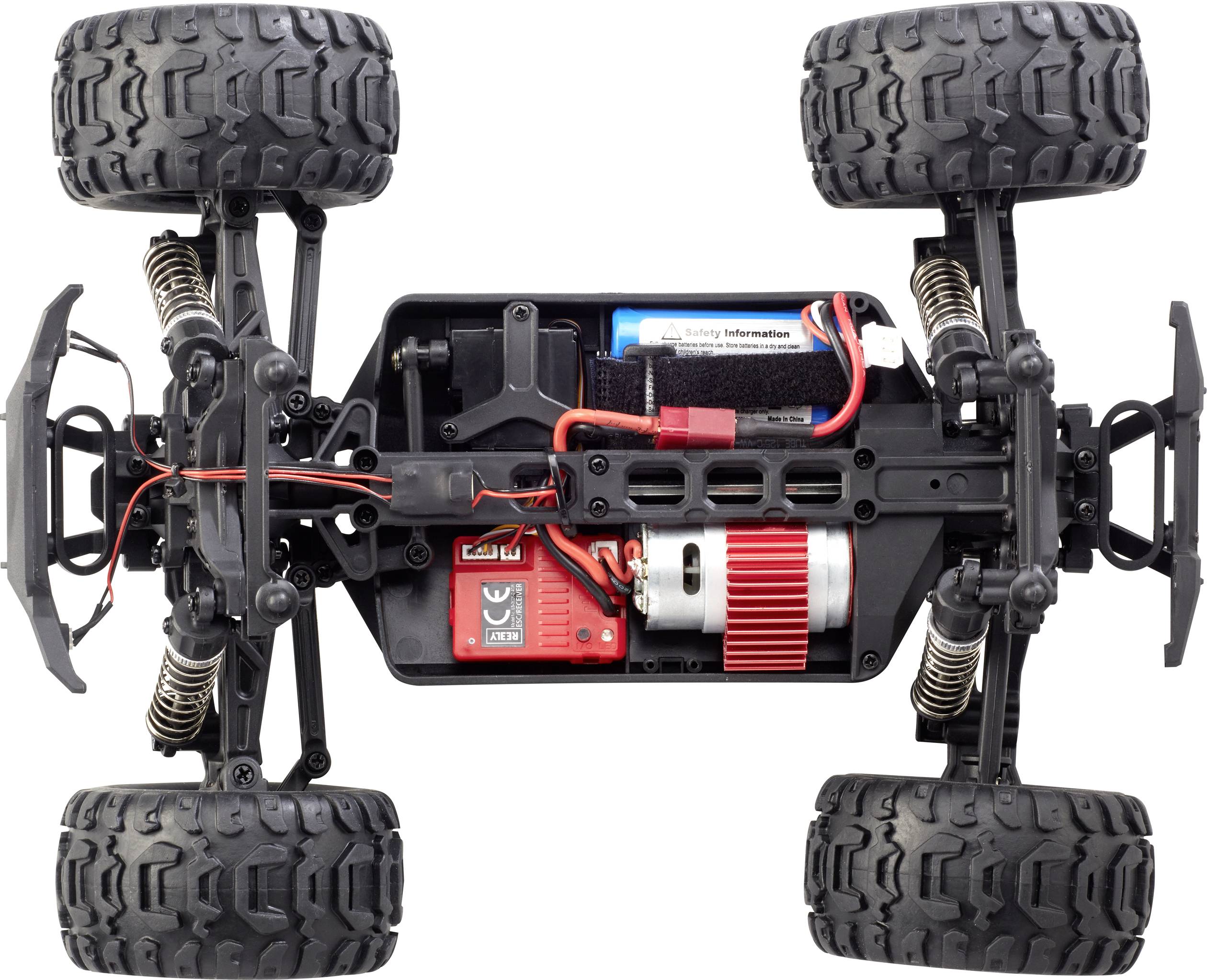 Ferngesteuertes Auto-Chassis, zeigt Motor, Federungen und Batteriefach. Oberansicht auf technische Details konzentriert.
