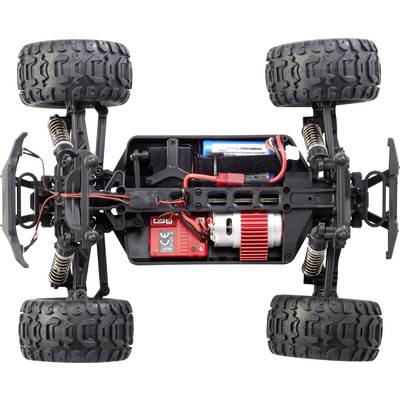 Ferngesteuertes Auto-Chassis, zeigt Motor, Federungen und Batteriefach. Oberansicht auf technische Details konzentriert.