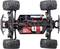 Ferngesteuertes Auto-Chassis, zeigt Motor, Federungen und Batteriefach. Oberansicht auf technische Details konzentriert.