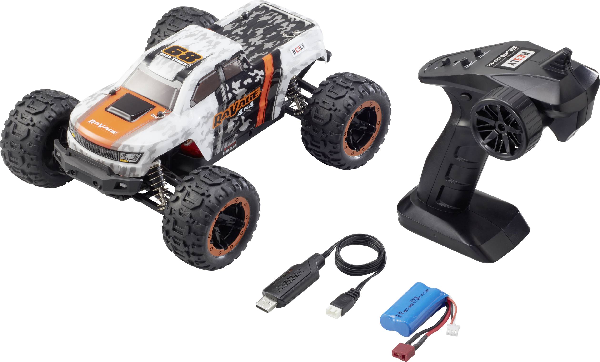 Ferngesteuertes Auto-Set: Enthält ein geländegängiges Modellauto, eine Fernbedienung, ein Ladekabel und einen Akku.