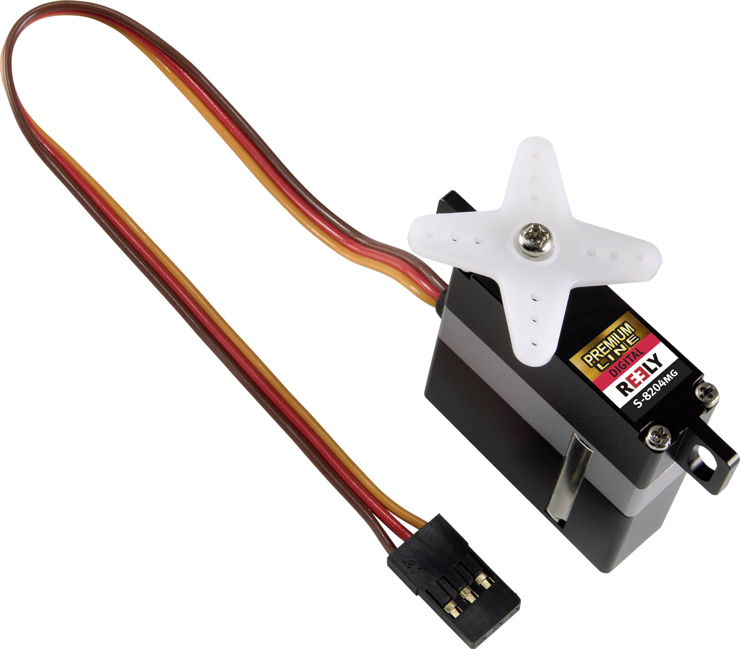 Schwarz-weißes Servomotor-Modell mit rot-gelben Drähten; es zeigt eine X-förmige Montageplatte an der Spitze.