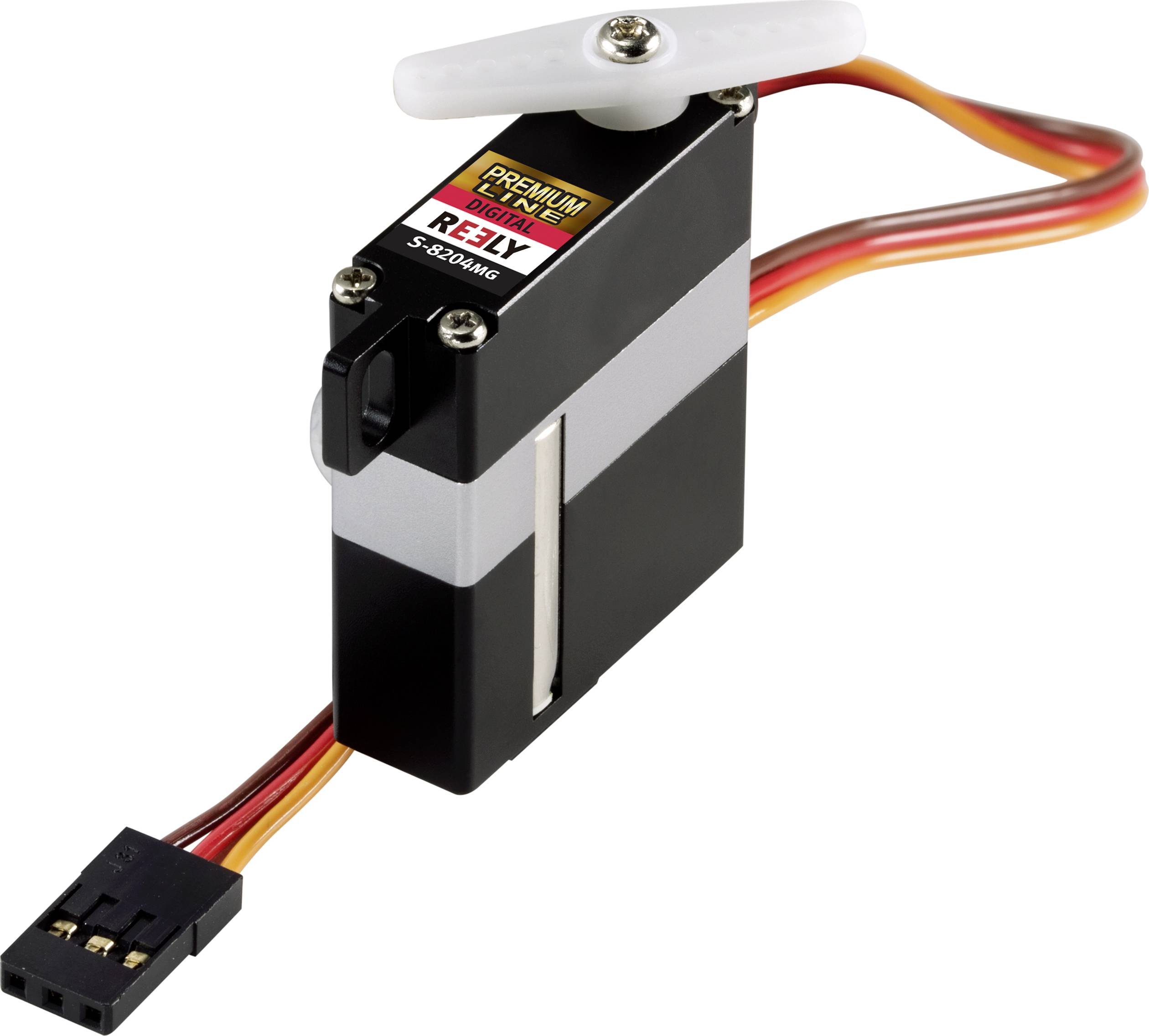 'RC S4026MG'-Servo mit Metallgetriebe, schwarzes Gehäuse, weißer Hebel, und Anschlusskabel mit schwarzem Stecker, geeignet für Modellbau.