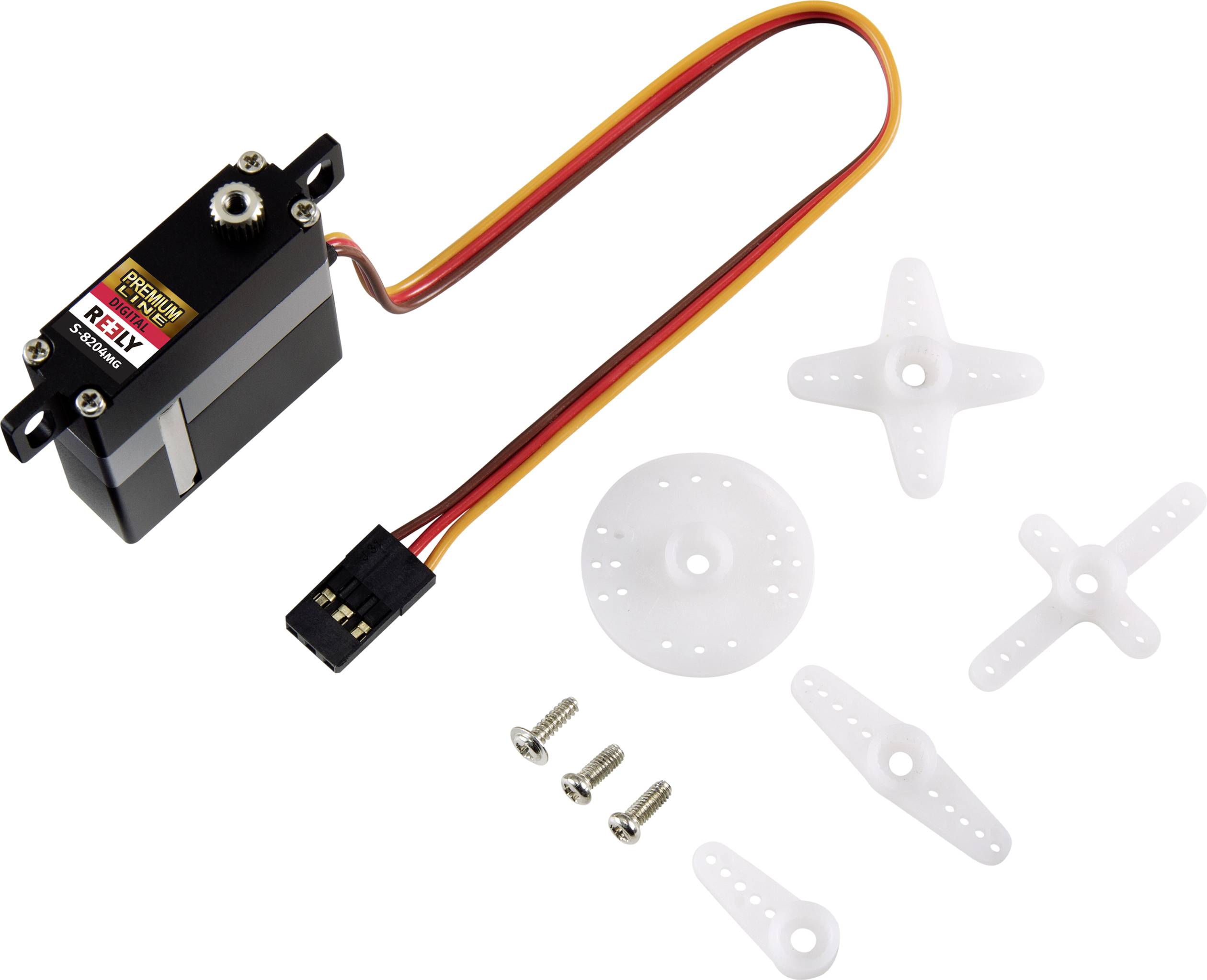 Ein schwarzer Elektromotor mit Kabel und verschiedenen weißen Montagearmen und Schrauben für Modellbauzwecke.