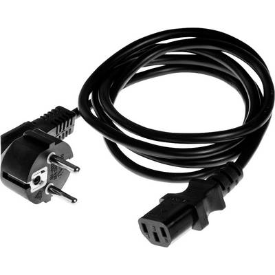 Schwarzes Netzkabel mit einem Schuko-Stecker auf der einen Seite und einem Kaltgeräteanschluss auf der anderen Seite, aufgerollt.