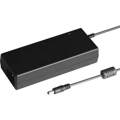 Schwarzes Laptop-Netzteil mit abnehmbarem Kabel und runder Steckverbindung, liegend auf einer Oberfläche.