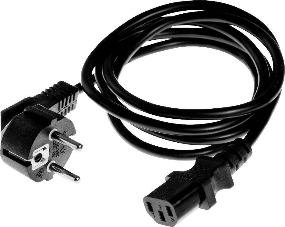 Schwarzes Netzkabel mit einem Eurostecker am einen Ende und einem IEC-Stecker am anderen, geeignet für Computer oder Monitore.