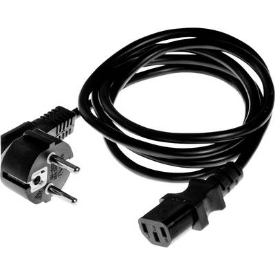 Schwarzes Netzkabel mit Eurostecker links und Gerätestecker rechts, verwendet für den Anschluss von Geräten an die Stromversorgung.