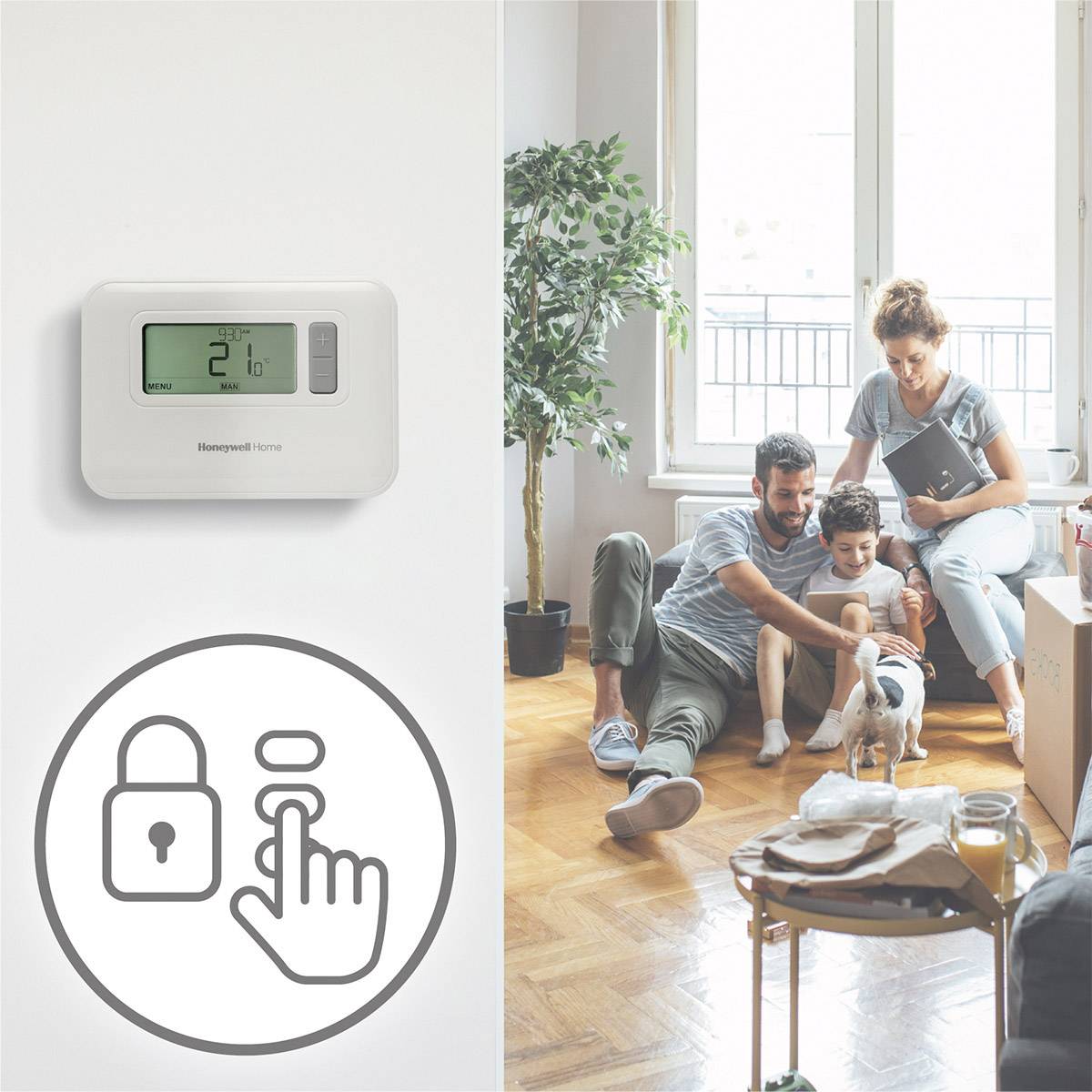 Eine Familie sitzt im Wohnzimmer mit ihrem Hund. An der Wand hängt ein Thermostat, das auf 21 Grad Celsius eingestellt ist. Eine Grafik zeigt 'Sperre'-Symbol.