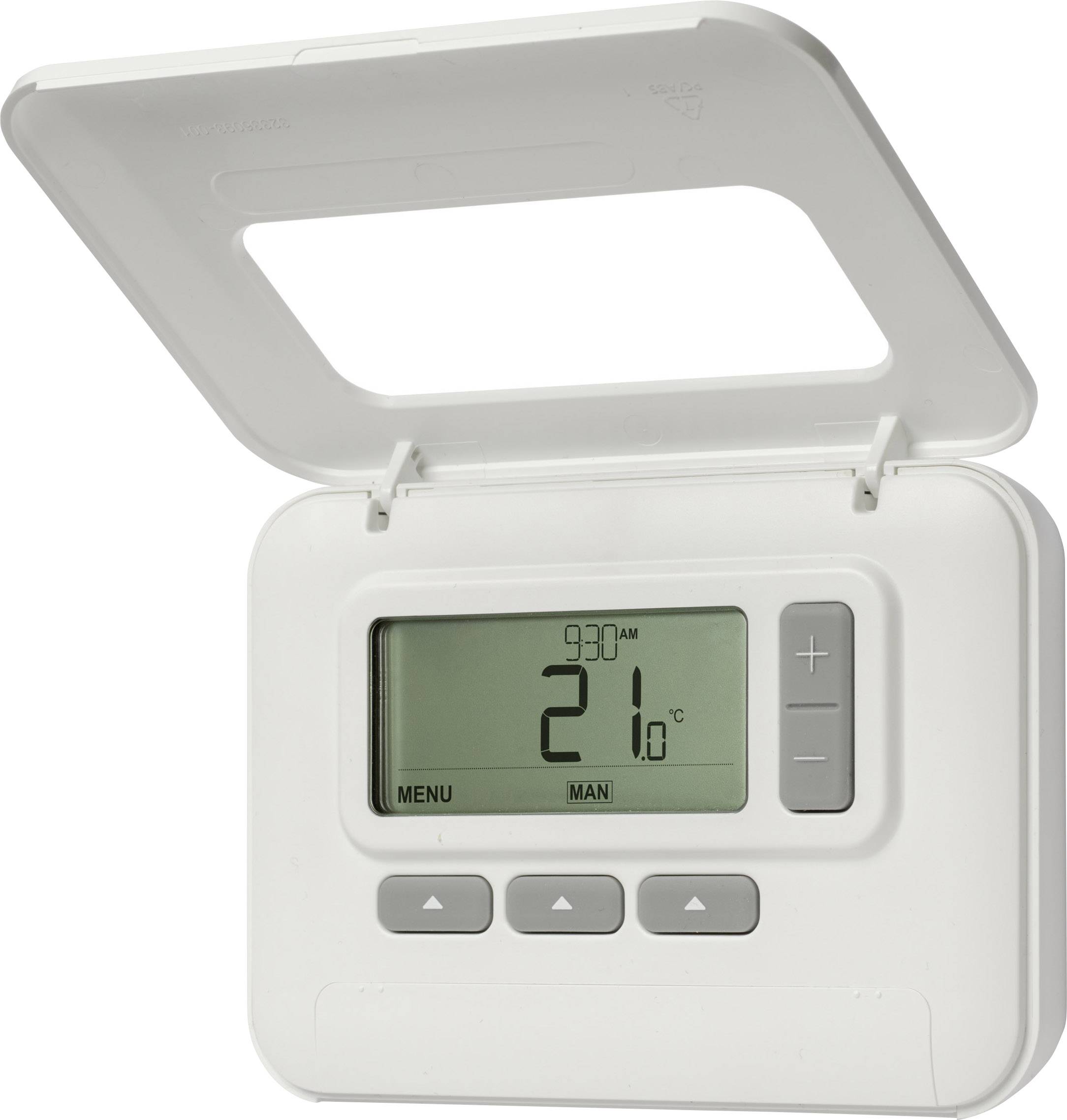 Digitaler Thermostat mit geöffnetem Deckel. Zeigt 21 Grad Celsius um 9:30 Uhr an. Enthält Menü- und Steuerungstasten.