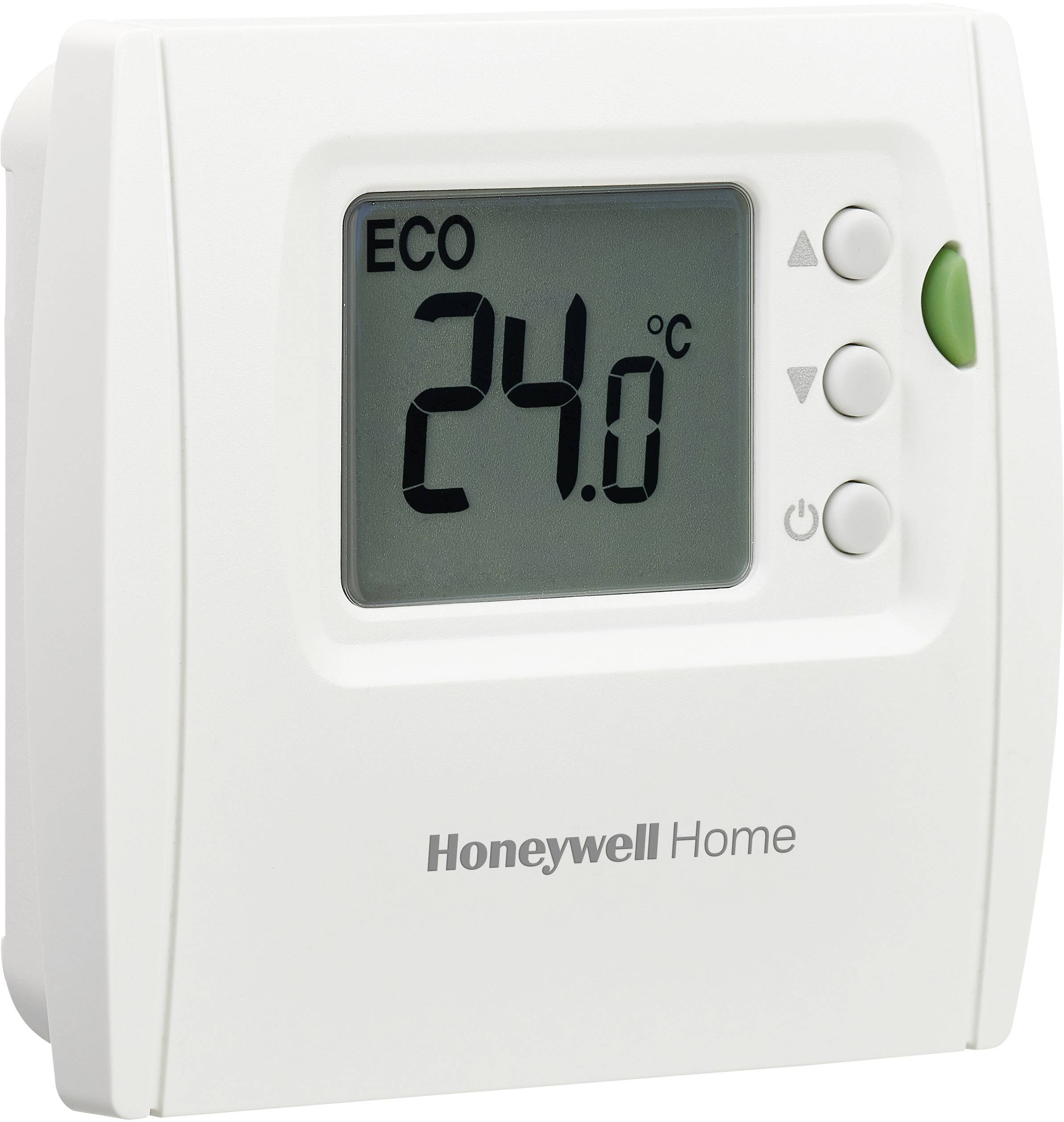 Ein Wandthermostat zeigt 'ECO' Modus und 24°C auf dem Display. Markenname unten, drei Steuerknöpfe und Einschaltknopf sichtbar.