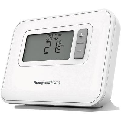 Ein digitales Thermostat von Honeywell Home zeigt '09:30 AM' und '21.5°C'. Es hat Plus- und Minus-Tasten zur Temperatureinstellung.