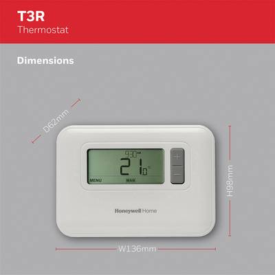 Ein weißes Wandthermostat mit digitalem Bildschirm zeigt 21°C an. Maße in Millimetern: Tiefe 62, Breite 136, Höhe 98. Marke: Honeywell.