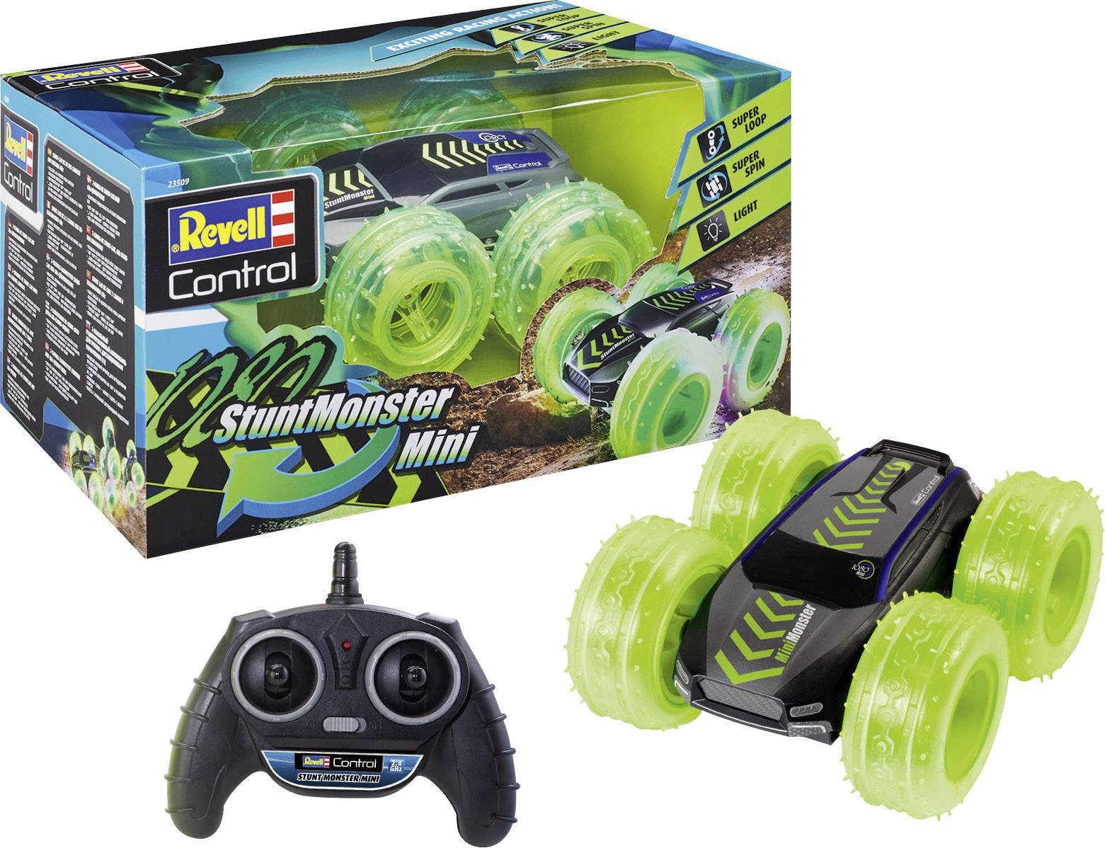 Spielzeugauto-Set: Fernsteuerbares Mini-Stuntauto mit leuchtend grünen Rädern. Verpackung und Fernbedienung inklusive.