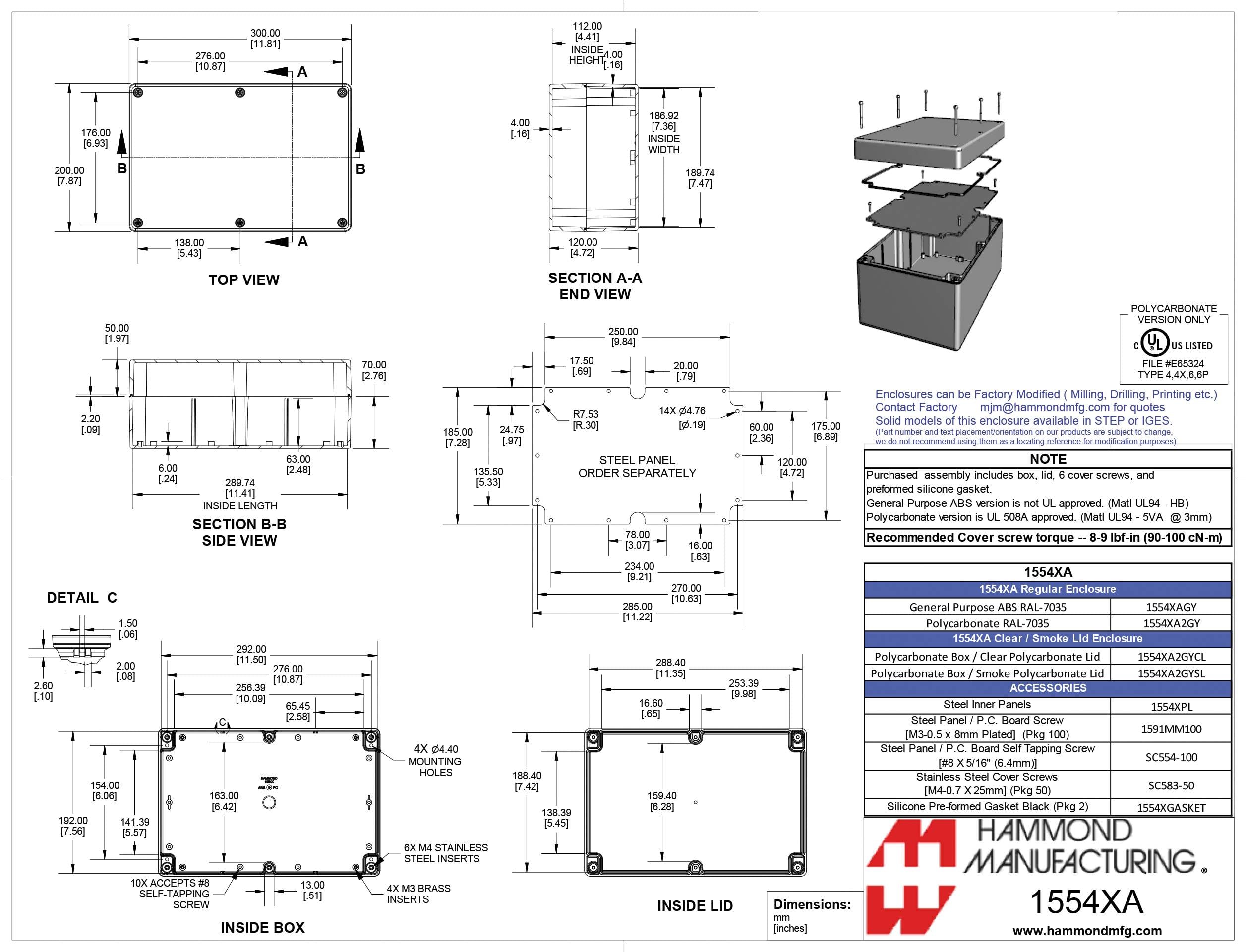Technische Zeichnung eines rechteckigen Gehäuses mit mehreren Ansichten und Bemaßungen. Herstellerlogo und Produktinformationen unten rechts.