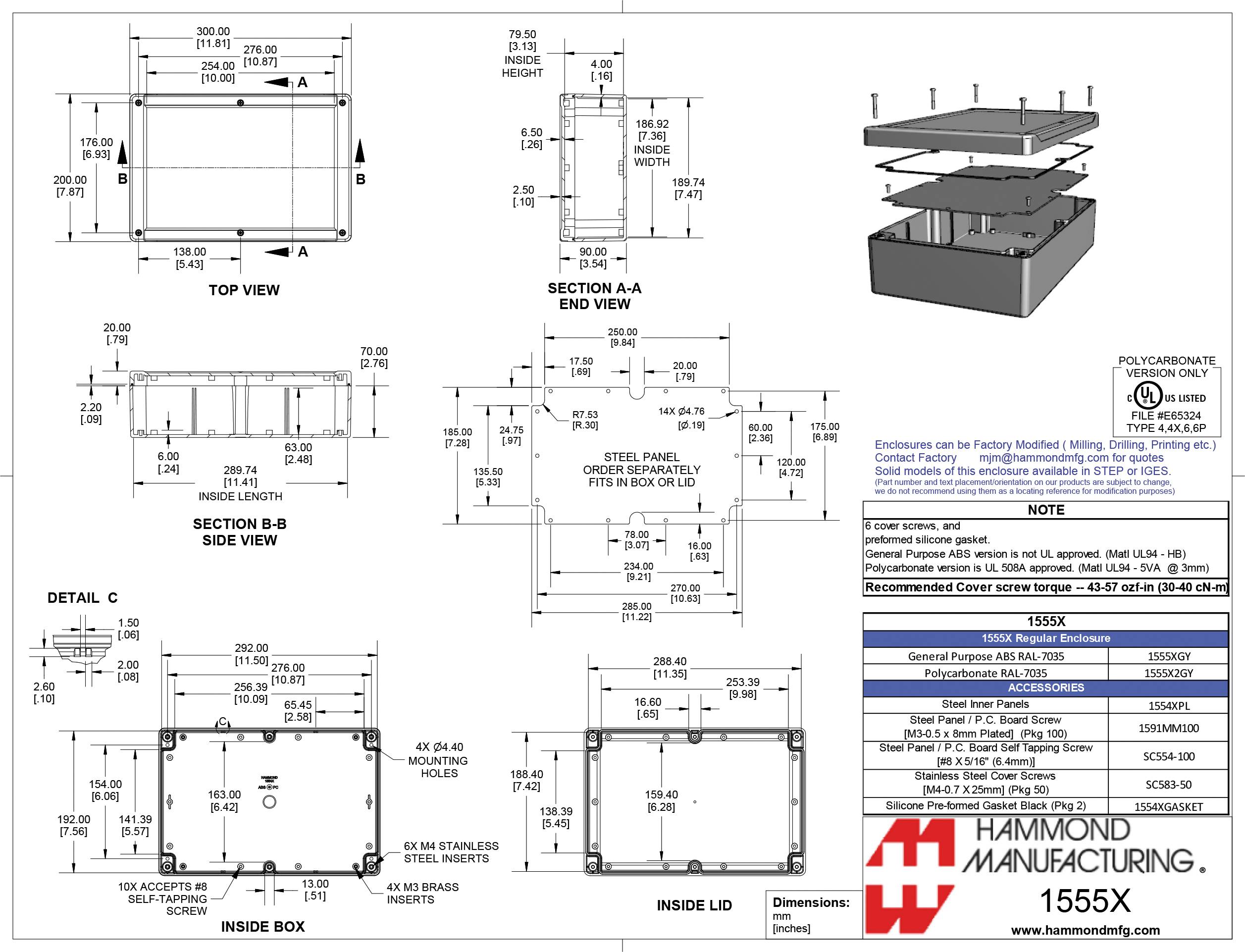 Bauplan eines Gehäuses mit verschiedenen Ansichten und Maßangaben. Beinhaltet Top-, Seiten-, Endansicht und Detailskizzen. Hersteller: Hammond Manufacturing. Modellnummer: 1555X.