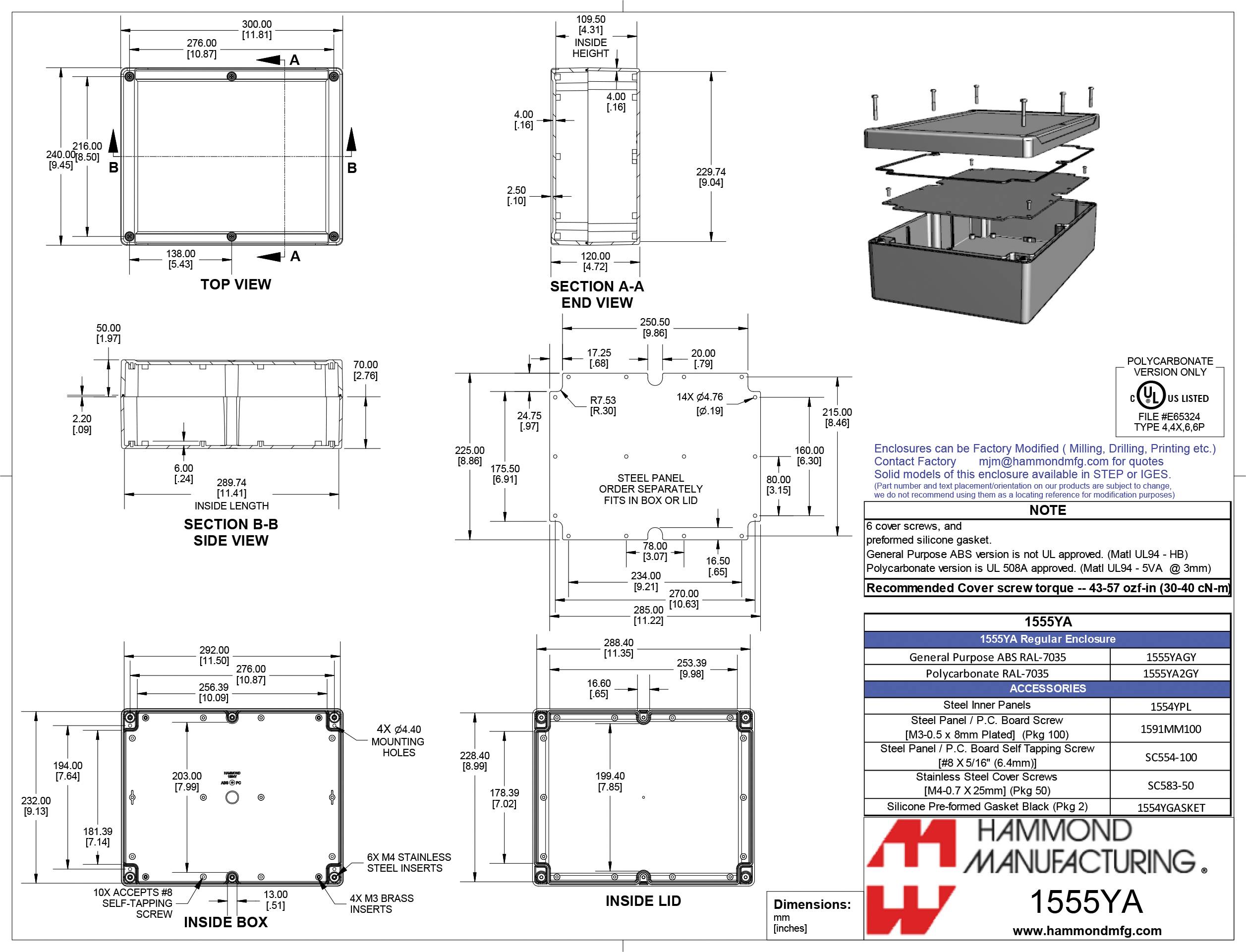 Technische Zeichnung eines rechteckigen Gehäuses mit Maßangaben in Millimetern, Ansichten von oben, Seite und innen, Modell 1555YA.