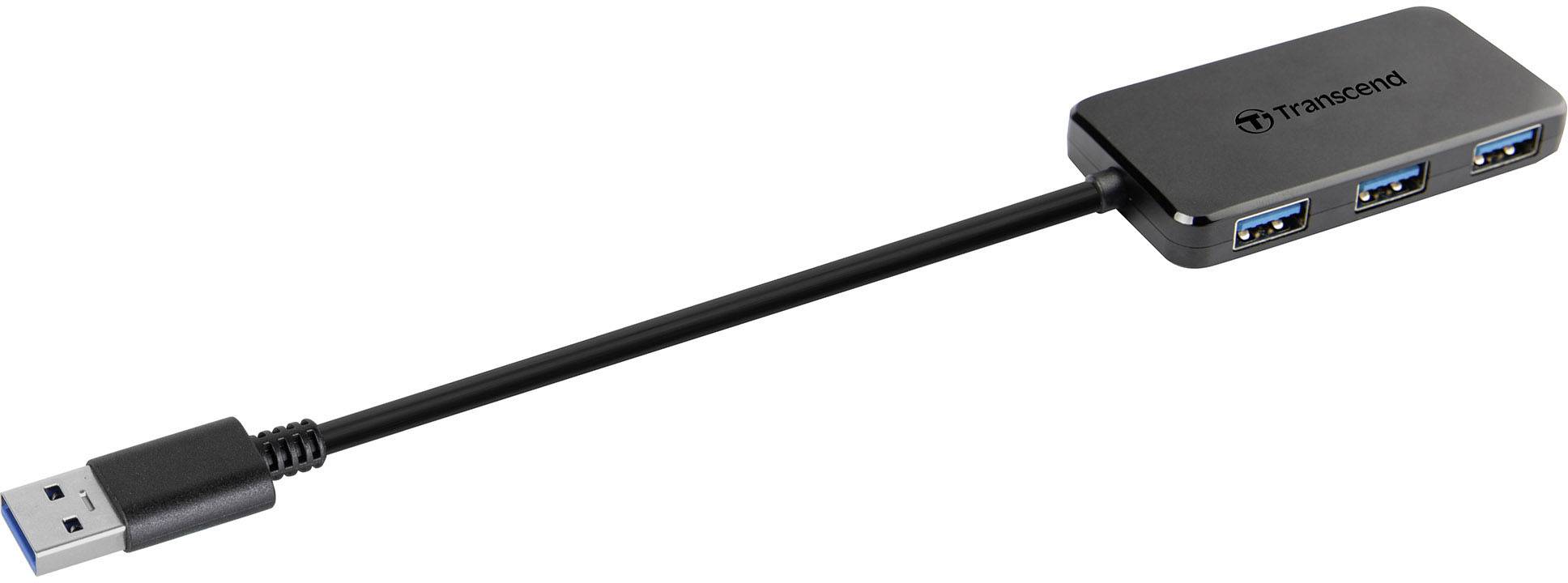 Ein USB-Hub mit vier USB-Anschlüssen. Der Hub hat ein kurzes Kabel mit einem USB-Stecker zur Verbindung mit einem Computer.