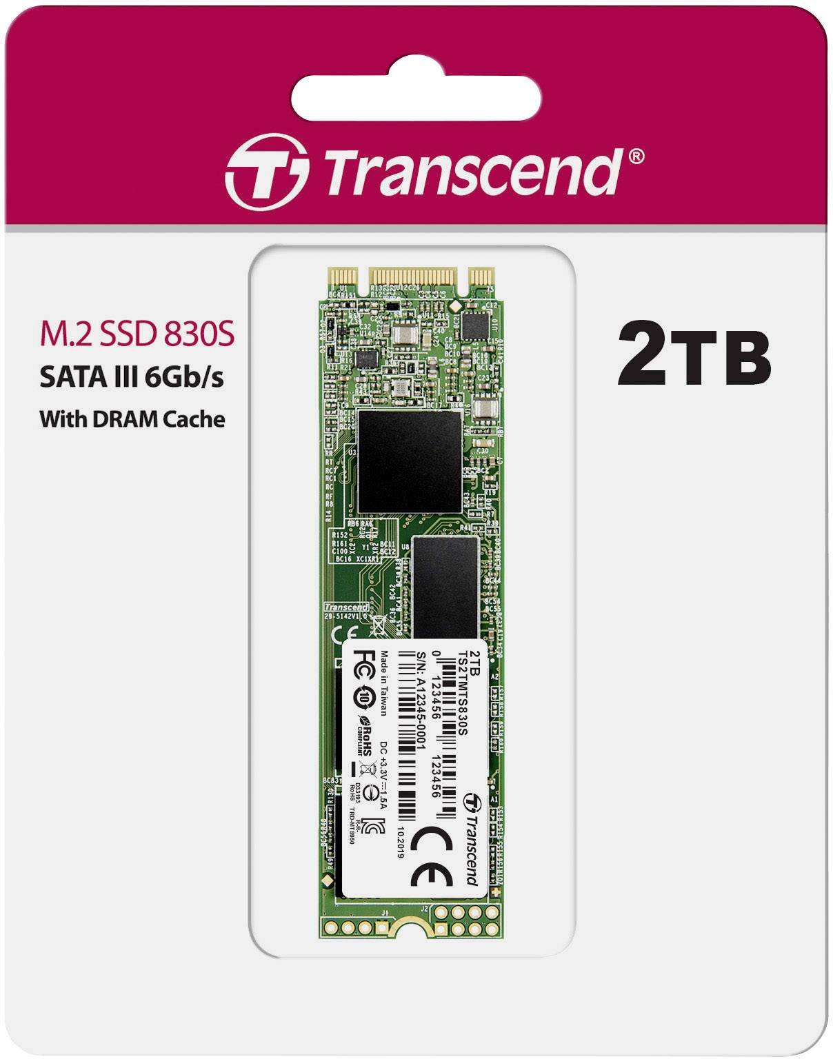 Eine Transcend M.2 SSD 830S mit 2TB Kapazität, SATA III 6Gb/s und DRAM Cache, abgebildet in ihrer Verpackung.