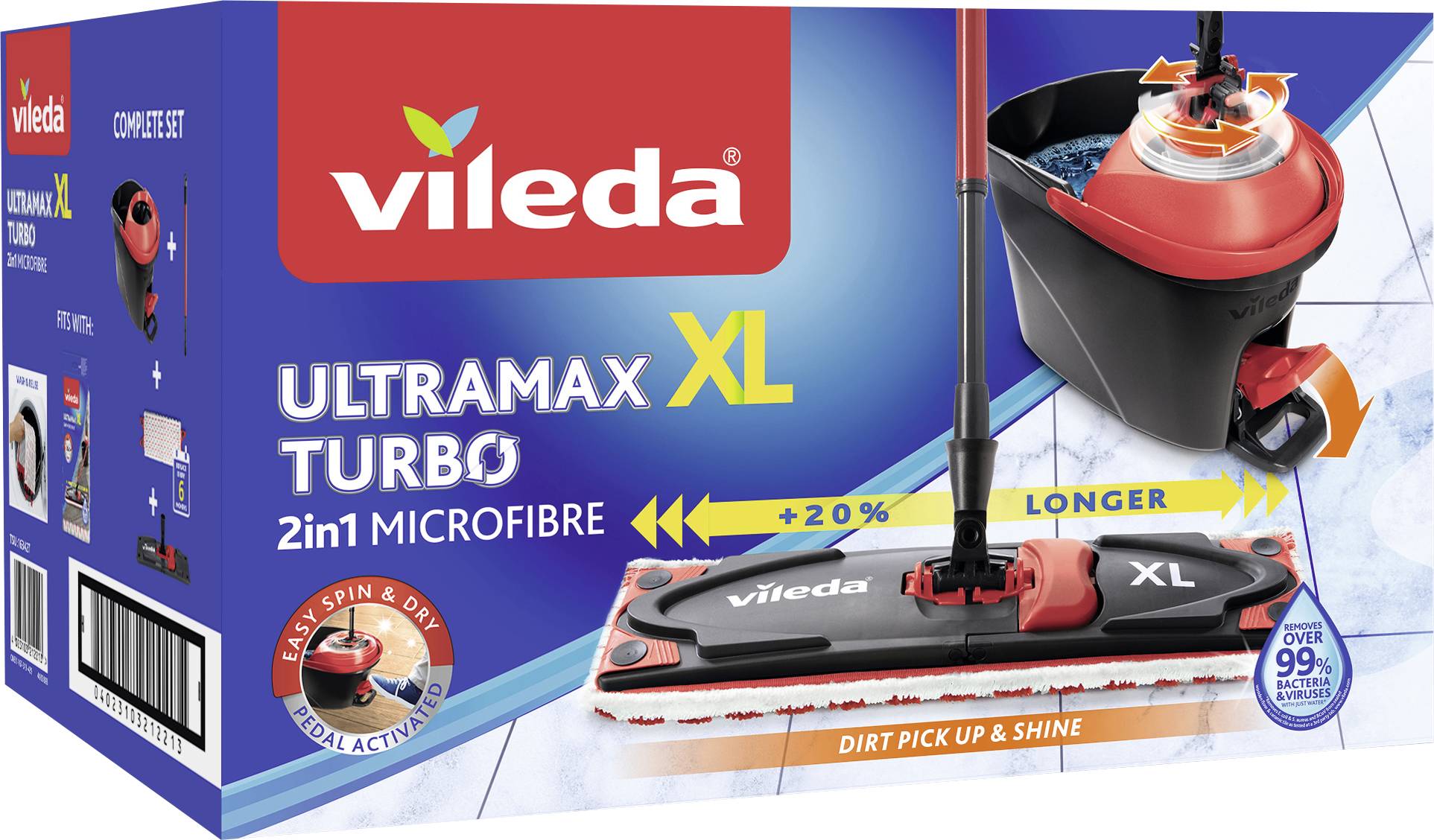 Vileda Ultramax XL Turbo 2-in-1 Mikrofaser-Wischmopp-Set mit rotem flachem Mopp, Eimer mit Schleudervorrichtung und Angaben zu größerer Reichweite, Schmutzaufnahme und Glanz.