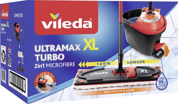 Vileda Ultramat Turbo XL, Laminat, Kacheln, Holz, Trocken&Nass, Mikrofaser, Schwarz, Rot, 420 mm