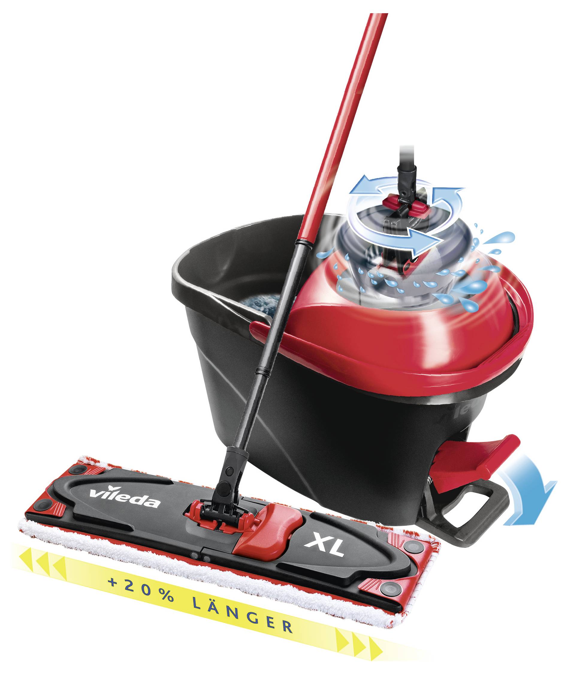 Mop- und Eimersystem mit schwarzrotem flachem Mop mit der Beschriftung „XL"; Eimer mit Wringer und Wasser-Spritz-Grafiken, die Spinnbewegung und Text „+20% LÄNGER" zeigen.