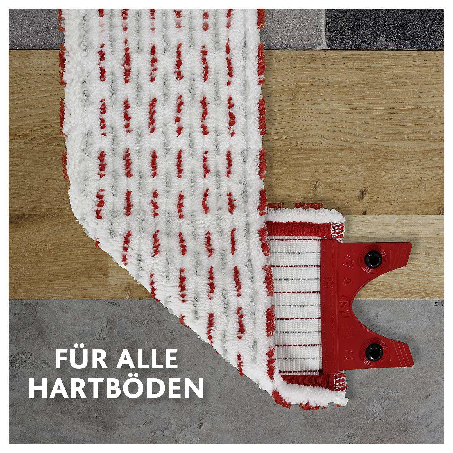Rot-weiße Wischerkopf auf einem roten Bodenwischer mit der Aufschrift „FÜR ALLE HARTBÖDEN", zeigt einen Reiniger für alle Hartböden.